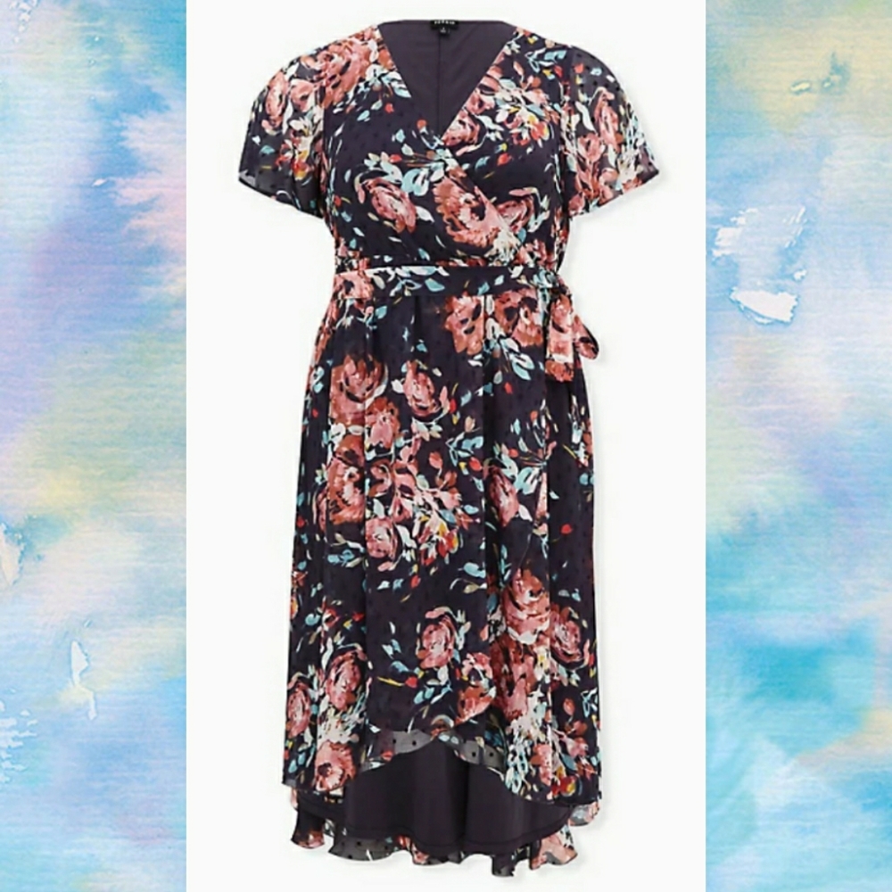 SOLD-Torrid Faux-Wrap Dress, Swiss Dot Floral Dot